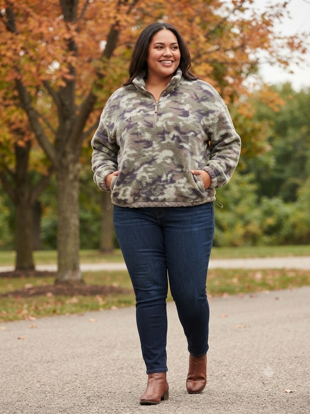 Women's Camo Fleece Half-Zip Pullover - Olive
